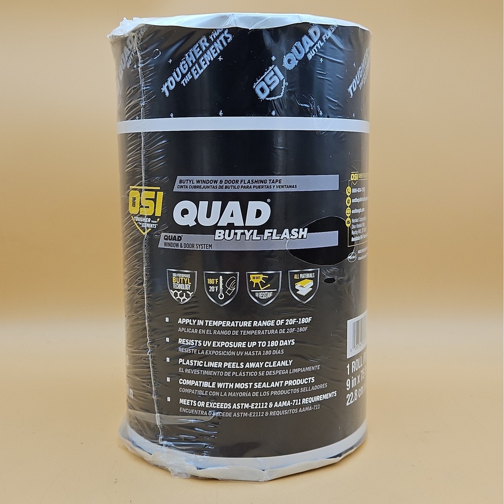OSI Quad Butyl Flash Window Door Flashing Tape 9in x 75ft Roll Black  Brand New
